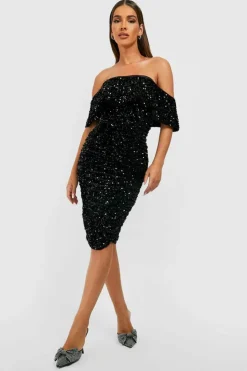 Midi Dresses*boohoo Sequin Off The Shoulder Midi Party Dress black