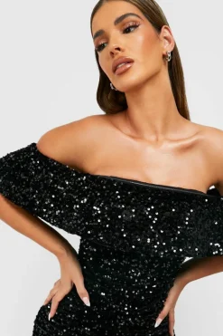 Midi Dresses*boohoo Sequin Off The Shoulder Midi Party Dress black