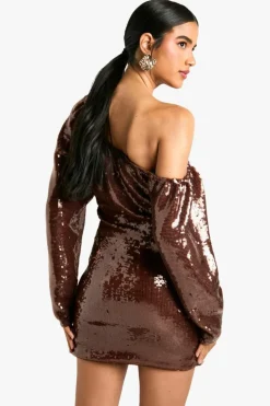 Bodycon Dresses|Mini Dresses*boohoo Sequin Off The Shoulder Ruched Mini Dress chocolate
