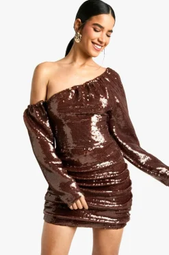 Bodycon Dresses|Mini Dresses*boohoo Sequin Off The Shoulder Ruched Mini Dress chocolate