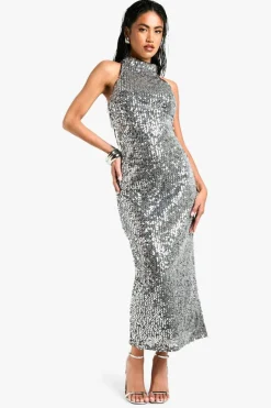 Bodycon Dresses|Dresses*boohoo Sequin Racer Midaxi Dress silver
