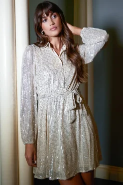 Shirt Dresses*Blue Vanilla Sequin Shirt Dress Gold