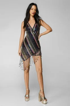 Wrap Dresses*NastyGal Sequin Stripe Tassel Hem Wrap Mini Dress multi