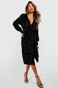 Wrap Dresses|Midi Dresses*boohoo Sequin Wrap Belted Midi Party Dress black