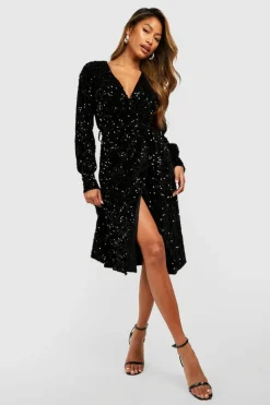 Wrap Dresses|Midi Dresses*boohoo Sequin Wrap Belted Midi Party Dress black