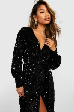 Wrap Dresses|Midi Dresses*boohoo Sequin Wrap Belted Midi Party Dress black