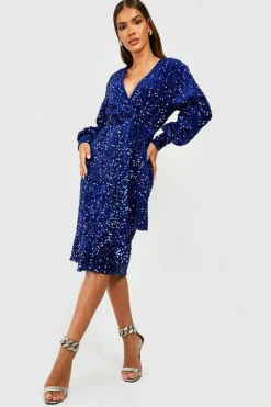 Wrap Dresses|Midi Dresses*boohoo Sequin Wrap Belted Midi Party Dress navy