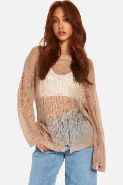 Oversized Jumpers|Jumpers*boohoo Sheer Distressed Oversized Lightweight Jumper taupe