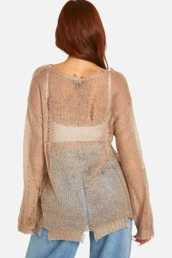 Oversized Jumpers|Jumpers*boohoo Sheer Distressed Oversized Lightweight Jumper taupe