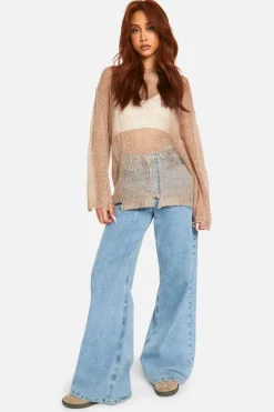 Oversized Jumpers|Jumpers*boohoo Sheer Distressed Oversized Lightweight Jumper taupe