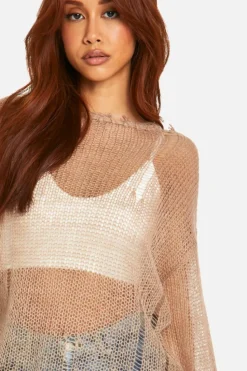 Oversized Jumpers|Jumpers*boohoo Sheer Distressed Oversized Lightweight Jumper taupe