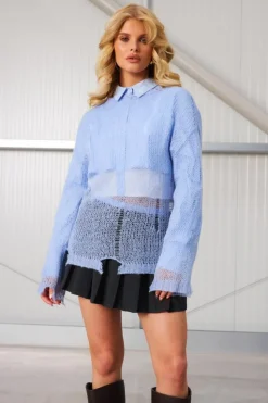Oversized Jumpers|Jumpers*boohoo Sheer Distressed Oversized Lightweight Jumper blue