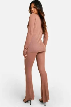 Knitted Co-Ords*boohoo Sheer Fine Knitted Shirt And Flared Trouser Set camel