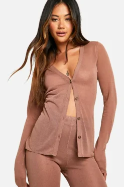 Knitted Co-Ords*boohoo Sheer Fine Knitted Shirt And Flared Trouser Set camel