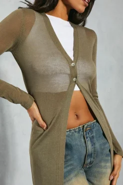 Cardigans*MissPap Sheer Knit Button Detail Maxi Cardigan khaki
