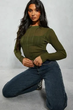 Knitted Tops|Long Sleeve Tops*MissPap Sheer Knitted Ribbed Long Sleeve Top khaki