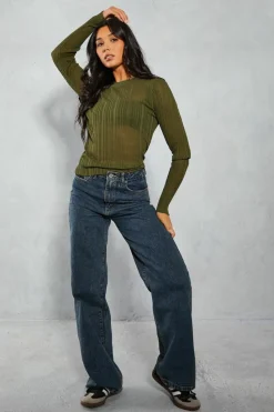 Knitted Tops|Long Sleeve Tops*MissPap Sheer Knitted Ribbed Long Sleeve Top khaki