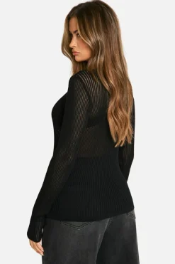 Jumpers|Jumpers & Cardigans*boohoo Sheer Rib Knit Long Sleeve Jumper black