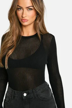 Jumpers|Jumpers & Cardigans*boohoo Sheer Rib Knit Long Sleeve Jumper black