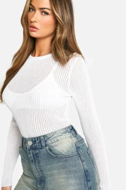 Jumpers*boohoo Sheer Rib Knit Long Sleeve Jumper white