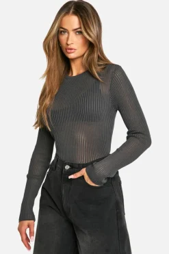 Jumpers|Jumpers & Cardigans*boohoo Sheer Rib Knit Long Sleeve Jumper charcoal
