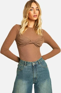 Long Sleeve Tops*boohoo Sheer Rib Twist Front Long Sleeve Top brown