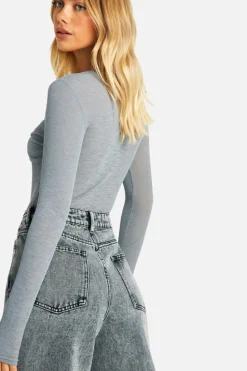 Long Sleeve Tops*boohoo Sheer Rib Twist Front Long Sleeve Top dusty blue