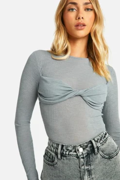 Long Sleeve Tops*boohoo Sheer Rib Twist Front Long Sleeve Top dusty blue