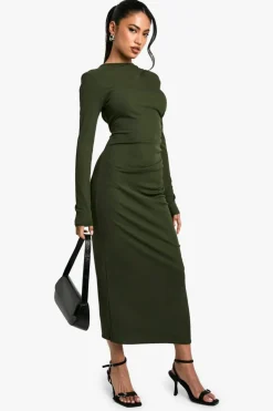 Maxi Dresses|Long Sleeve Dresses*boohoo Sheer Ruched Long Sleeve Maxi Dress forest