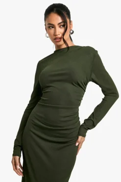 Maxi Dresses|Long Sleeve Dresses*boohoo Sheer Ruched Long Sleeve Maxi Dress forest