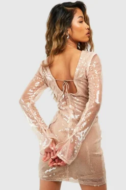Bodycon Dresses|Mini Dresses*boohoo Sheer Sequin Flare Split Cuff Mini Dress champagne