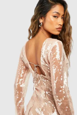 Bodycon Dresses|Mini Dresses*boohoo Sheer Sequin Flare Split Cuff Mini Dress champagne