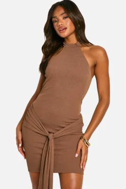 Bodycon Dresses*boohoo Sheer Tie Waist Halterneck Mini Dress mocha
