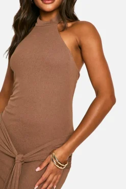 Bodycon Dresses*boohoo Sheer Tie Waist Halterneck Mini Dress mocha
