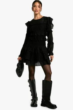 Skater Dresses*boohoo Sheered Long Sleeve Ruffle Mini Dress black