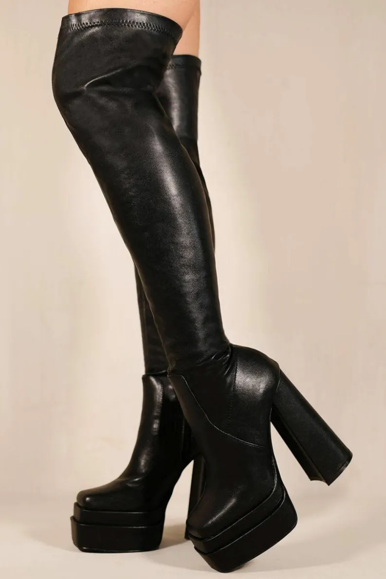 Heeled Boots*Where's That From Shiloh' Block Heel Knee High Stretch Boots With Square Toe Black