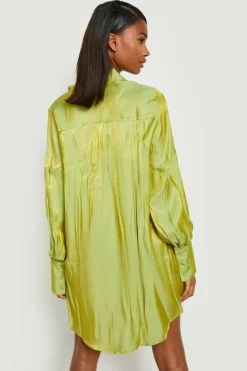 Shirt Dresses*boohoo Shimmer Oversized Volume Sleeve Shirt Dress green