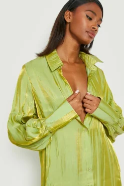 Shirt Dresses*boohoo Shimmer Oversized Volume Sleeve Shirt Dress green