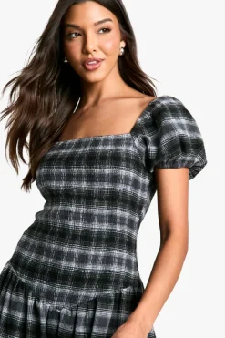 Smock Dresses*boohoo Shirred Check Midaxi Dress black