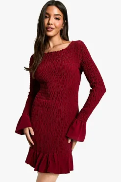 Bodycon Dresses|Mini Dresses*boohoo Shirred Long Sleeve Mini Dress burgundy