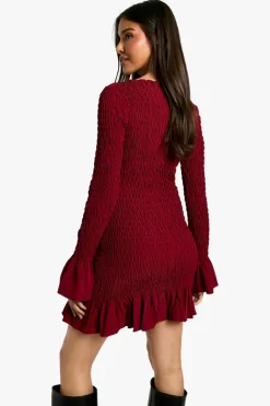 Bodycon Dresses|Mini Dresses*boohoo Shirred Long Sleeve Mini Dress burgundy