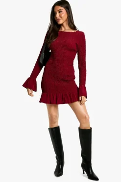 Bodycon Dresses|Mini Dresses*boohoo Shirred Long Sleeve Mini Dress burgundy