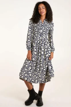 Shirt Dresses|Midi Dresses*Blue Vanilla Shirred Midi Shirt Dress Navy