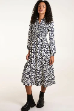 Shirt Dresses|Midi Dresses*Blue Vanilla Shirred Midi Shirt Dress Navy
