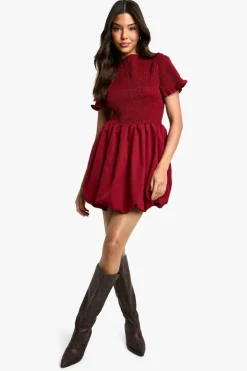 Smock Dresses*boohoo Shirred Puff Sleeve Mini Dress burgundy