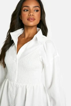 Shirt Dresses*boohoo Shirred Shirt Dress white
