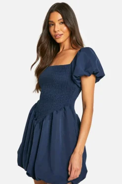 Smock Dresses*boohoo Shirred Short Sleeve Dipped Hemm Smock Dress navy