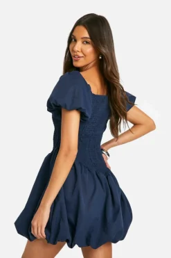 Smock Dresses*boohoo Shirred Short Sleeve Dipped Hemm Smock Dress navy