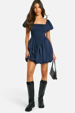 Smock Dresses*boohoo Shirred Short Sleeve Dipped Hemm Smock Dress navy