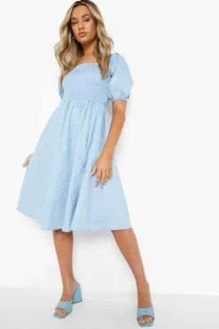 Midi Dresses*boohoo Shirred Split Hem Chambray Midi Dress light blue